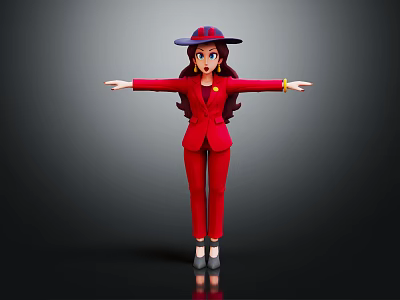 3D Female Character Creature In Red Suit With Hat And Arms Outstretched On Dark Background 3d model