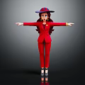 3D Female Character Creature In Red Suit With Hat And Arms Outstretched On Dark Background