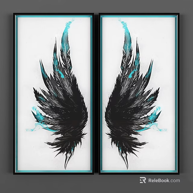 Symmetric Black Feather Decorative Frames With Turquoise Accents And White Background 3d model 
