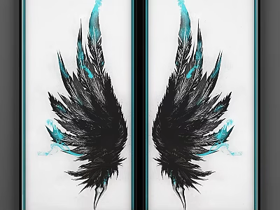 Symmetric Black Feather Decorative Frames With Turquoise Accents And White Background 3d model