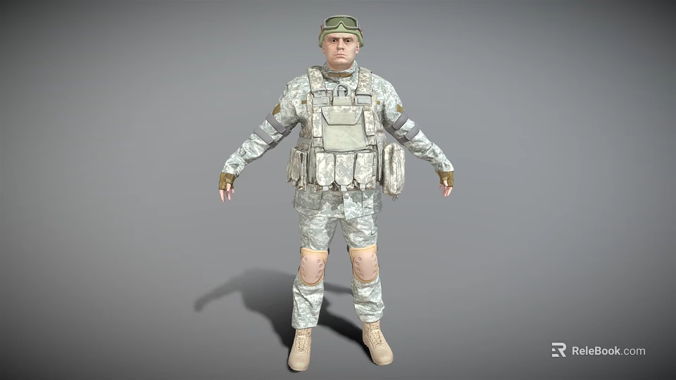 Man in Military Uniform with Tactical Vest Helmet and Knee Pads Standing Pose 3d model 