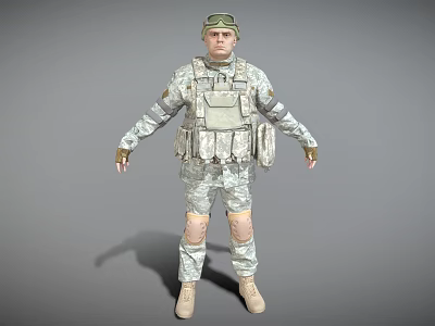 Man in Military Uniform with Tactical Vest Helmet and Knee Pads Standing Pose 3d model