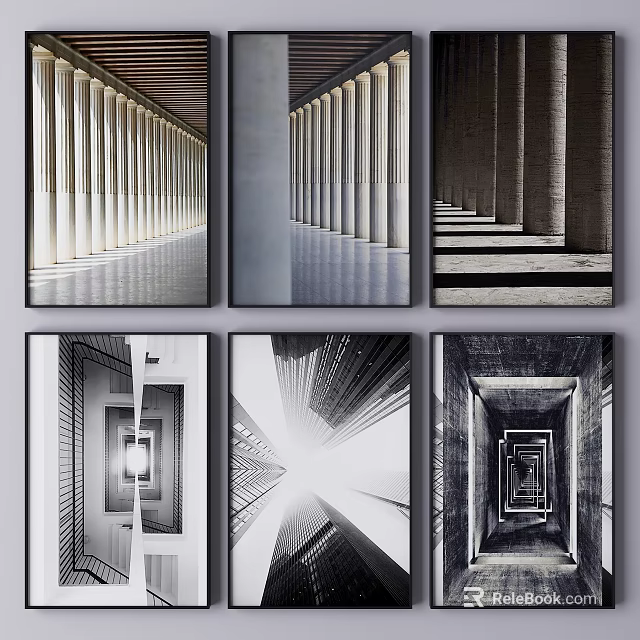Modern Architecture Decorative Paintings In Black White With Structural Lines And Light 3d model 