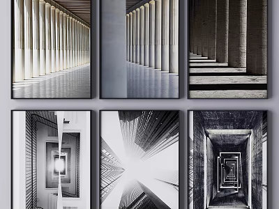 Modern Architecture Decorative Paintings In Black White With Structural Lines And Light 3d model