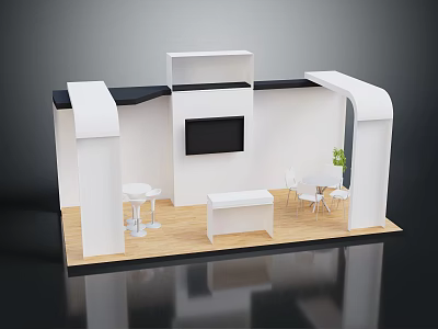 White Exhibition Booth Interior With TV Tables Chairs And Plant Design 3d model
