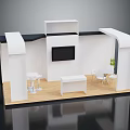 White Exhibition Booth Interior With TV Tables Chairs And Plant Design