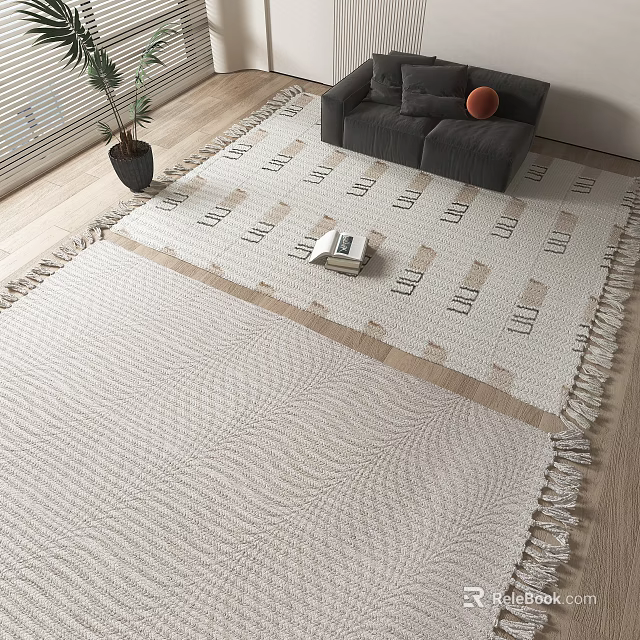 Square Woven Rug With Neutral Tones Geometric Patterns And Tassel Edges In Living Room 3d model 
