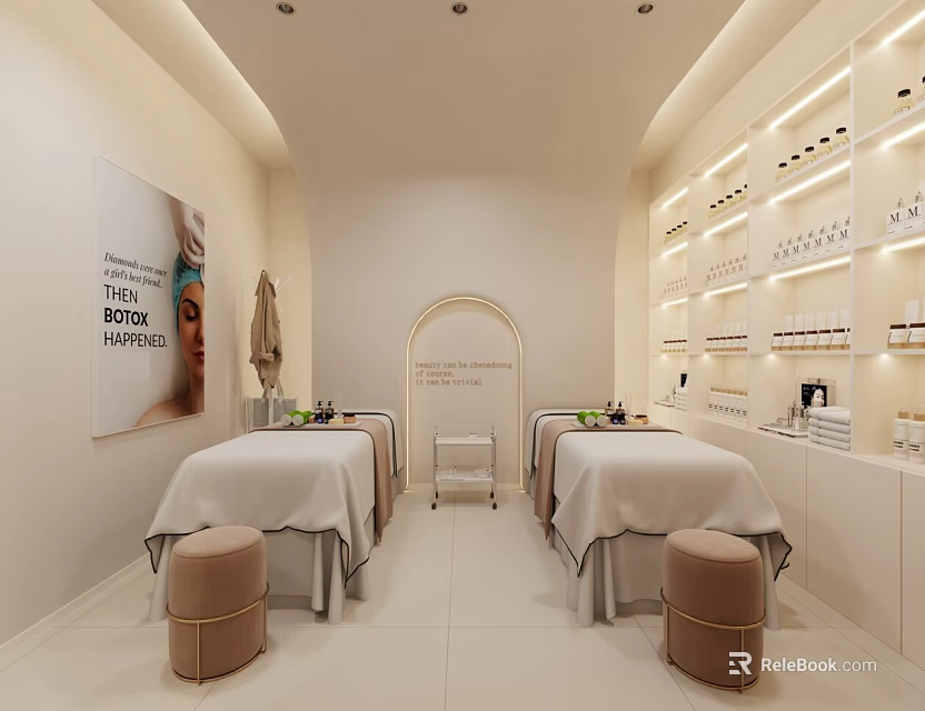 SPA Treatment Room With White Linens Brown Stools And Product Shelves Elegant Modern Light Decor 3d model 
