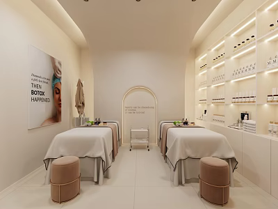 SPA Treatment Room With White Linens Brown Stools And Product Shelves Elegant Modern Light Decor 3d model
