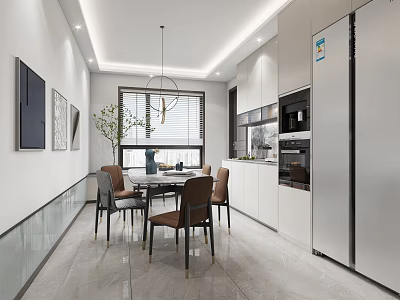 Modern Open Restaurant Interior With Wooden Dining Table Chandelier And White Cabinets 3d model
