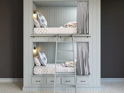 Kids Bunk Bed with Ladder Built in Drawers and Soft Curtains Design 3d model