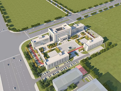 Aerial View Of Modern Office Building Complex With Greenery Parking And Surrounding Roads 3d model