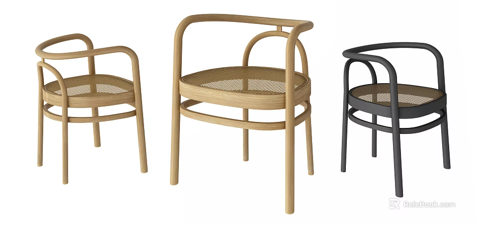 Modern Leisure Chairs with Curved Armrests Woven Seats in Wooden and Black Designs 3d model 