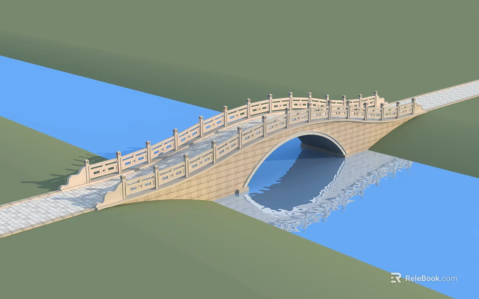 Traditional Stone Arch Bridge With Ornate Railings Over Scenic River In Green Surroundings 3d model 
