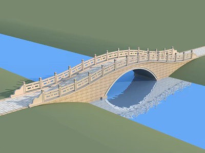 Traditional Stone Arch Bridge With Ornate Railings Over Scenic River In Green Surroundings 3d model