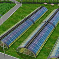 Aerial View Planning of Agricultural Area With Organized Farmland Greenhouses Water Pond and Paths