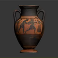 Ancient Greek Vase Sculpture with Two Handles and Figure Carvings in Orange Black Design