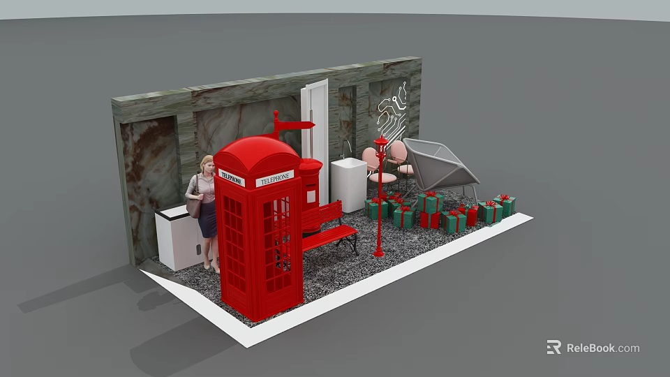 Showcase With Red Telephone Booth Red Bench Marble Wall Woman Green Gift Boxes Gray Gravel 3d model 