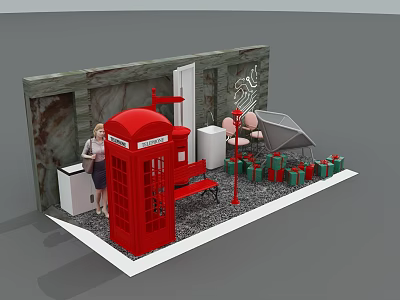 Showcase With Red Telephone Booth Red Bench Marble Wall Woman Green Gift Boxes Gray Gravel 3d model