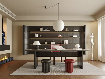 Modern Home Study Room With Dark Bookshelf Wooden Desk Pendant Light And Stools On Area Rug 3d model