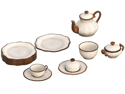 Elegant Ceramic Dinnerware Set with Teapot Teacups Saucers Plates Lidded Container White with Brown Trim 3d model