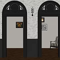 Black Arched Doorways In Interior With Patterned Wallpaper Herringbone Floor And Armchair