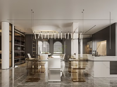 Elegant Modern Restaurant Interior With Linear Pendant Lights Dining Tables And Marble Floor 3d model