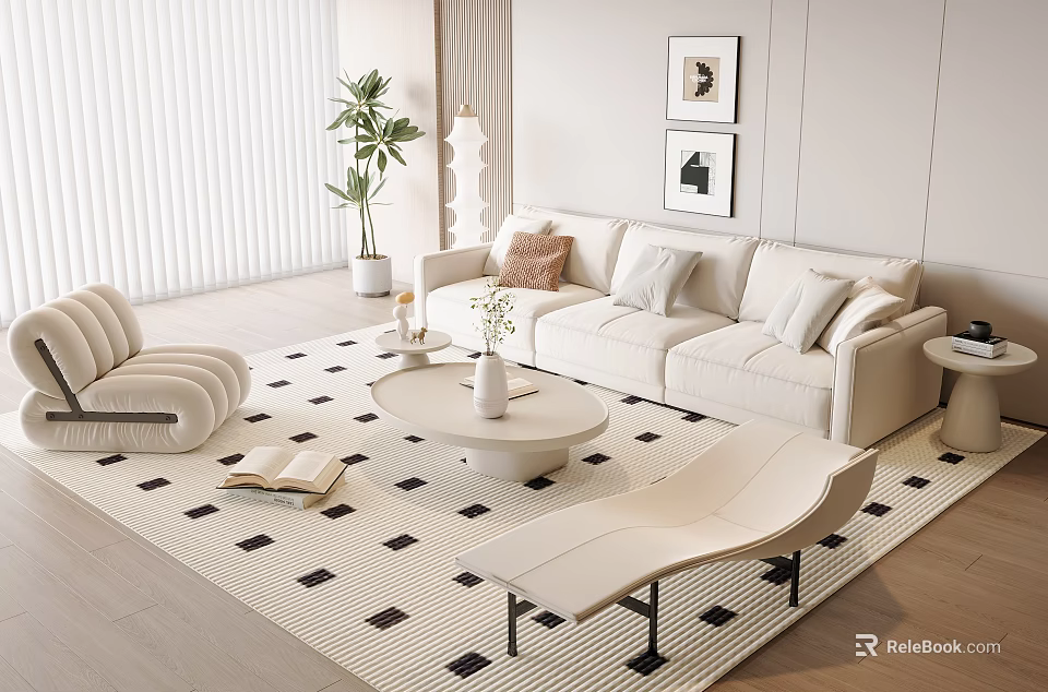 Modern Minimalist Sofa and Coffee Table Set With Pillows Checkered Rug Plant and Floor Lamp 3d model 