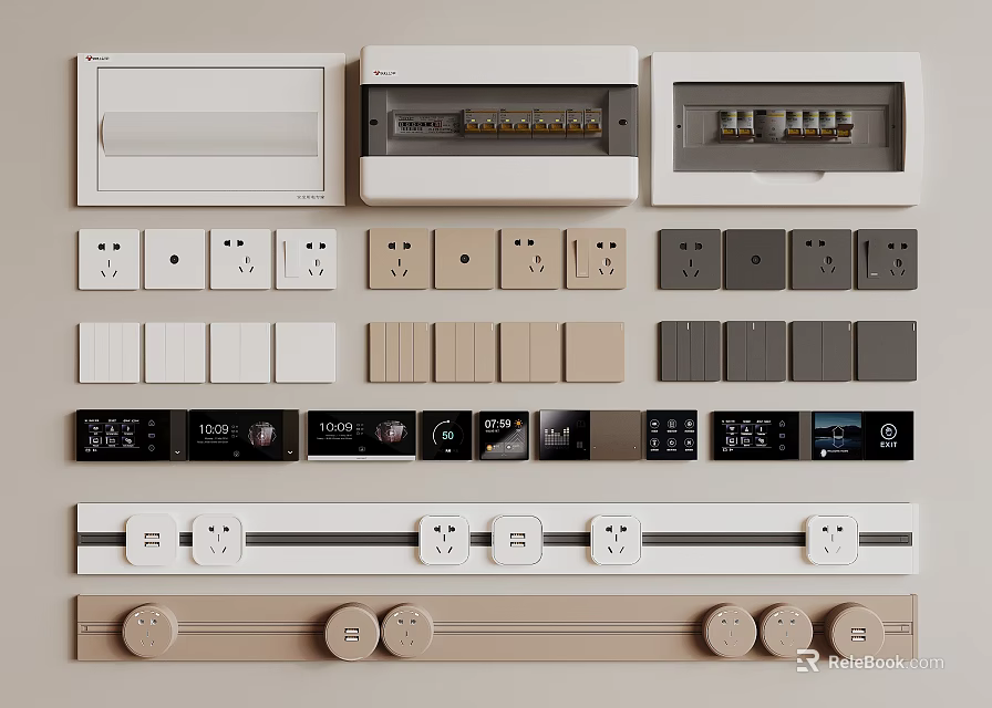 Stylish Modern Switch Panels With Multiple Sockets Various Colors And Dimmer Controls 3d model