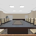 Modern Conference Room Interior With Long Table Black Beige Chairs Square Ceiling Lights Geometric Pattern Carpet