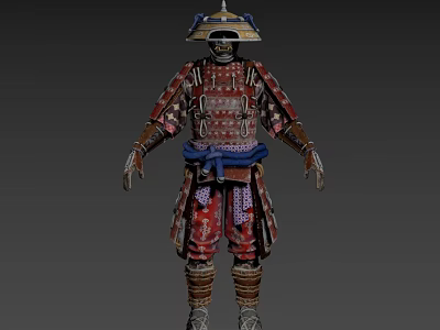 Game Movie Samurai Character With Traditional Red Gold Armor And Ornate Helmet Detail 3d model
