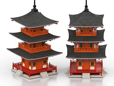 Multi Tiered Red Pagoda With Black Roof Balconies Windows And Steps Model Structure 3d model