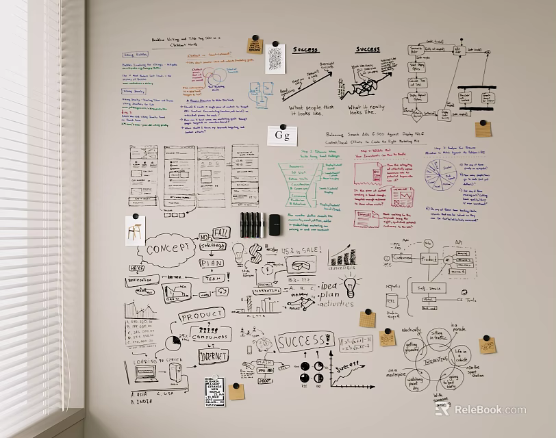 Project Planning Wall With Handwritten Notes Sketches Charts And Sticky Notes 3d model 