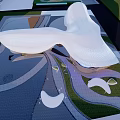 Modern Sales Office Building with Curved White Roof Glass Facade and Digital Screen