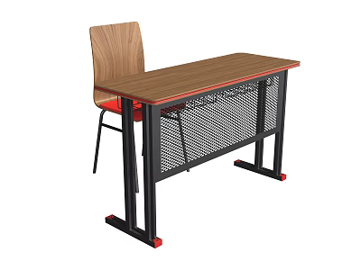 Wooden Top Desk Red Edge Black Metal Frame Mesh Shelf With Red Cushion Wooden Chair 3d model