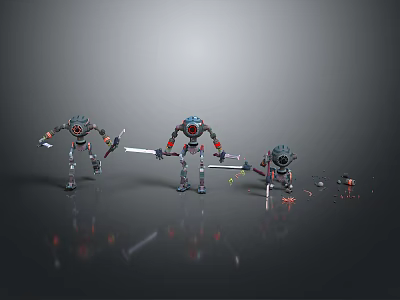 Three Mechanical Robot Characters With Swords Axes And Small Tools On Dark Surface 3d model