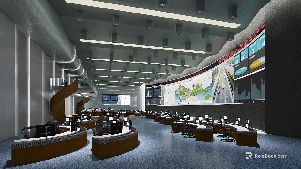 Modern Control Room with Multiple Workstations Computer Monitors and Large Screen Displays 3d model