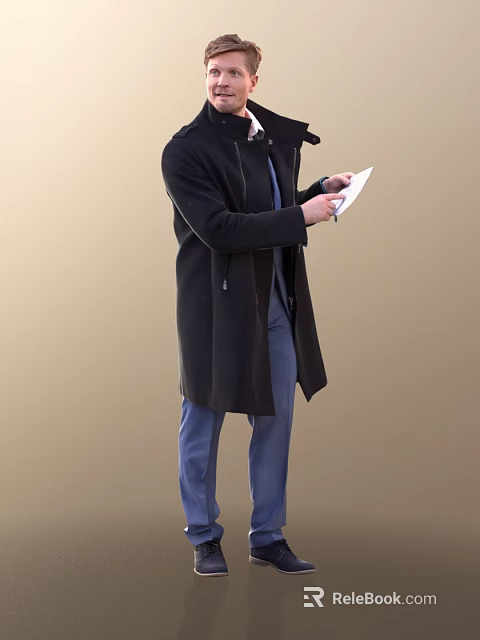 Man Wearing Long Black Coat And Blue Pants Holding White Paper 3d model 