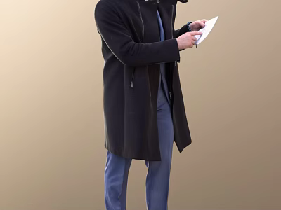Man Wearing Long Black Coat And Blue Pants Holding White Paper 3d model