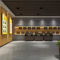 Art Exhibition Hall Interior With Red Display Case Stone Sculpture And Yellow Framed Paintings