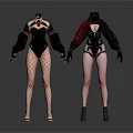 Women Fashion Outfits Featuring Black Bodysuit Fishnet Stockings Red Cape And High Heels