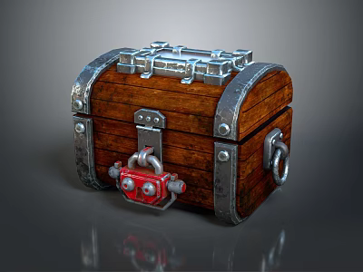 Wooden Chest With Metal Accents Corners Red Lock And Decorative Rings 3d model