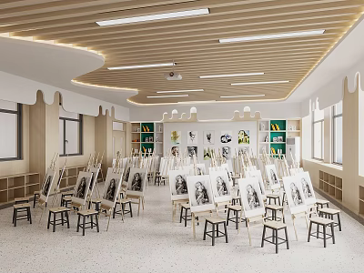 Book Art Studio Interior With Wooden Easels Paintings And Green Bookshelves 3d model