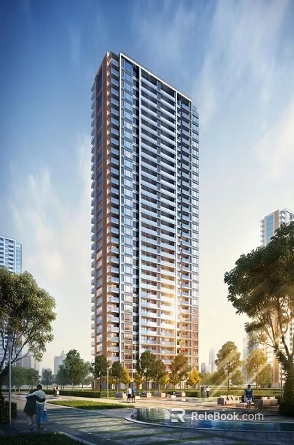 Modern High Rise Residential Building With Trees Other Structures And Sunny Sky 3d model 