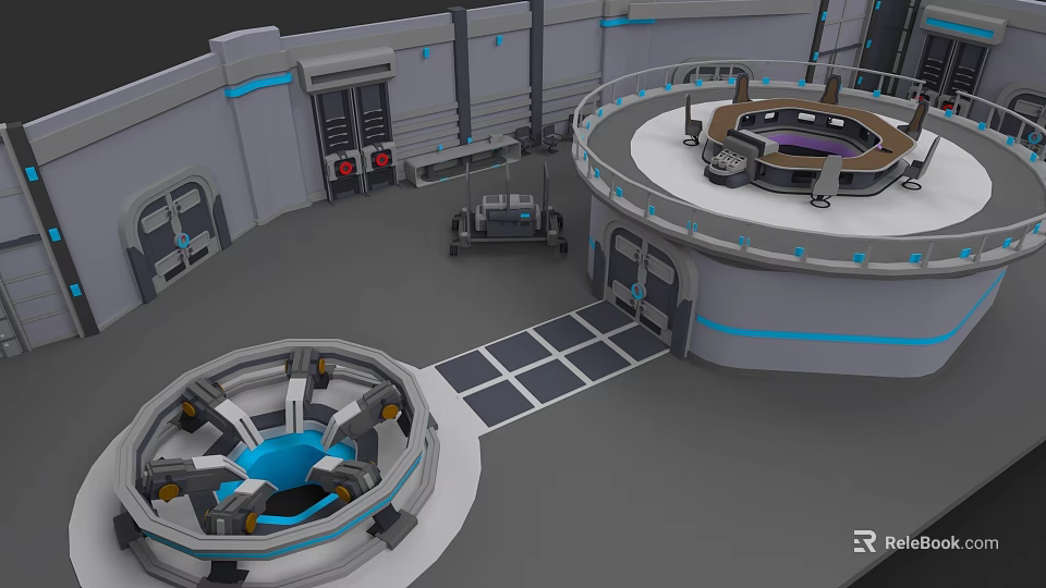 Modern Tech Control Room With Circular Console Electronic Appliances And Blue Accents 3d model 