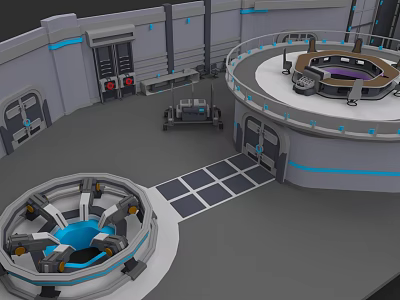 Modern Tech Control Room With Circular Console Electronic Appliances And Blue Accents 3d model