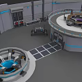 Modern Tech Control Room With Circular Console Electronic Appliances And Blue Accents