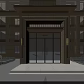Elegant Modern Residential Building Main Entrance With Glass Door Brown Facade Decorative Lamps And Steps