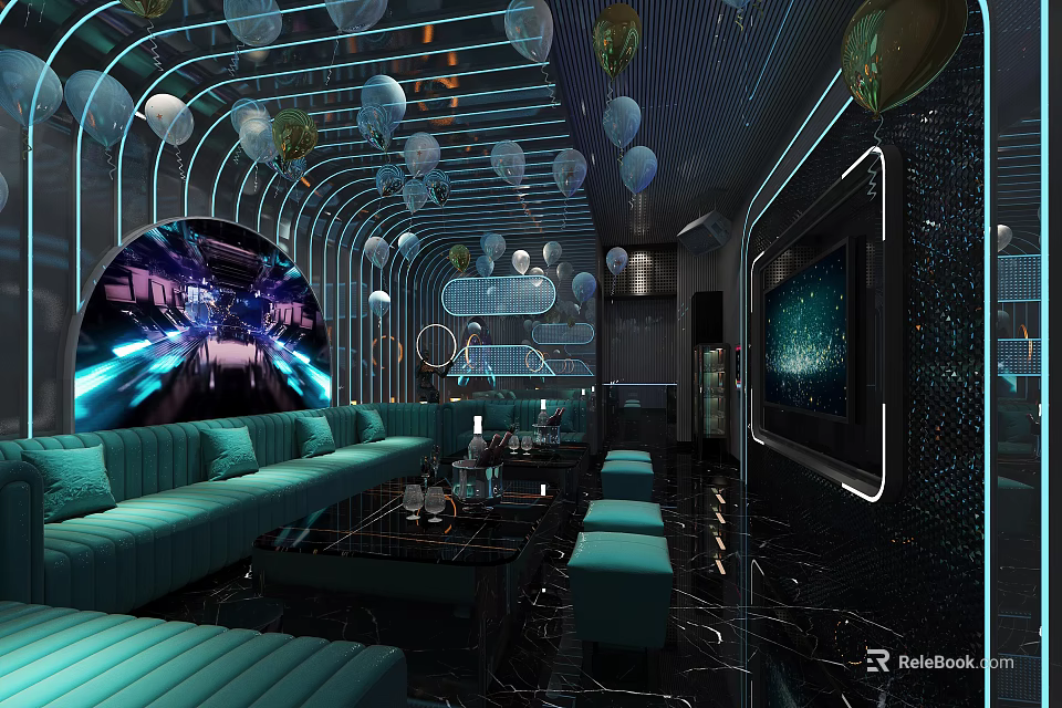 Modern KTV Interior With Blue Sofa Neon Lights Balloons And Large Screen 3d model 