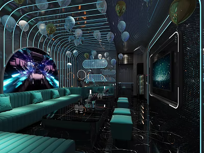 Modern KTV Interior With Blue Sofa Neon Lights Balloons And Large Screen 3d model